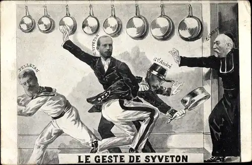 Künstler Ak Le Geste de Syveton, General André, Gabriel Syveton, Combes, Pelletan, Karikatur