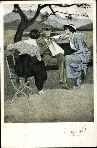 Künstler Ak Wennerberg, Bruno, Daheim, zwei Frauen und ein Mann, Soldat