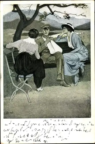 Künstler Ak Wennerberg, Bruno, Daheim, zwei Frauen und ein Mann, Soldat