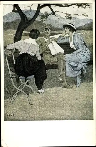 Künstler Ak Wennerberg, Bruno, Daheim, zwei Frauen und ein Mann, Soldat