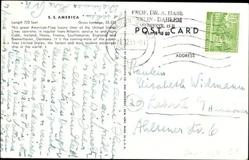 Ak Dampfschiff SS America, USL