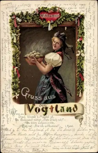 Ak Tracht aus dem Vogtland, Willkumme, Frau mit Klößen