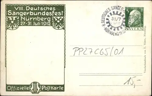 Ganzsachen Künstler Ak Durst, J., Nürnberg in Mittelfranken, 8. Dt. Sängerbundesfest 1912