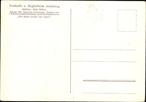 Künstler Ak Annaberg Buchholz Erzgebirge, Festhalle und Keglerheim, Blaue Grotte von Capri