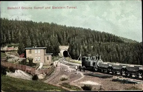 Ak Blankenburg am Harz, Bahnhof Braune Sumpf und Bielsteintunnel, Zahnradbahn