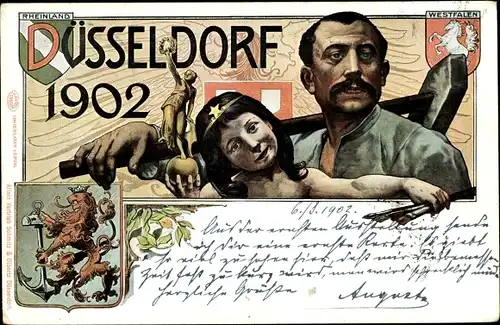 Wappen Litho Düsseldorf am Rhein, Industrie und Gewerbeausstellung 1902, Arbeiter und Kind