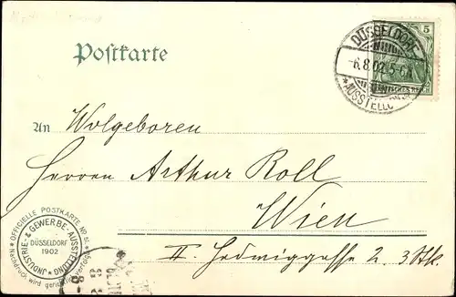 Wappen Litho Düsseldorf am Rhein, Industrie und Gewerbeausstellung 1902, Arbeiter und Kind