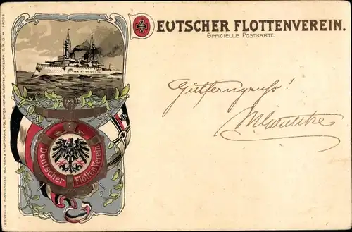 Präge Litho Deutscher Flottenverein, Deutsches Kriegsschiff, Fahne
