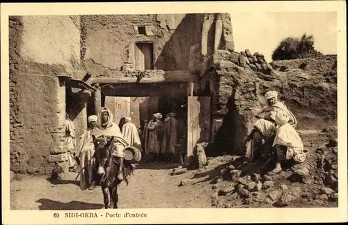 Ak Sidi Okba Algerien, Porte d'Entree, Eingang, Tor, Esel, Passanten