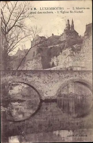 Ak Luxemburg, L'Alzetta au pied des rochers, L'Église St. Michel