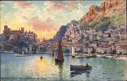 Künstler Ak Monte Carlo Monaco, Vue interieure du Port, Hafen, Fischerboote, Burg