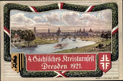 Künstler Wappen Ak Dresden, 4. Sächsisches Kreisturnfest 1921, Stadtansicht vom Waldschlösschen aus