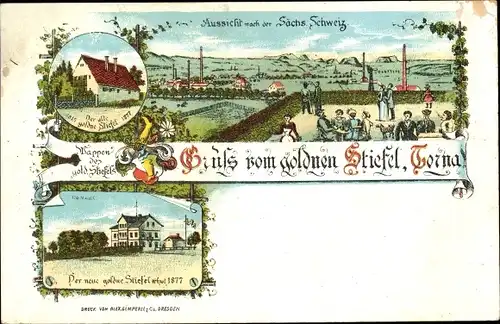 Litho Dresden Torna, Gasthaus Der goldene Stiefel, Aussicht nach der Sächs. Schweiz