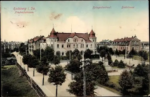 Ak Radeberg in Sachsen, Friedrichstraße, Kriegerdenkmal, Badstraße