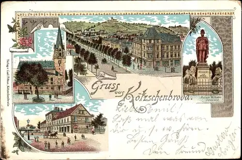 Litho Kötzschenbroda Radebeul in Sachsen, Kaiser Wilhelm Denkmal, Kirche, Stadtansicht