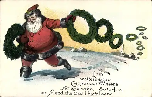 Ak Glückwunsch Weihnachten, Weihnachtsmann, Tannenkränze