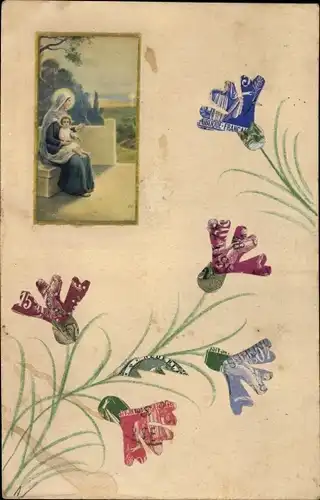 Briefmarken Ak Maria mit Jesus, Blüten aus Briefmarken
