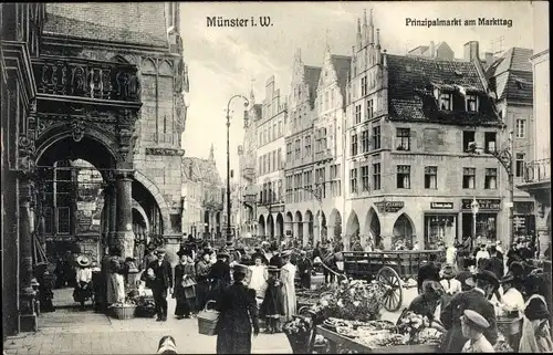 Ak Münster in Westfalen, Partie am Prinzipalmarkt am Markttag, Marktstände, Fuhrwerk