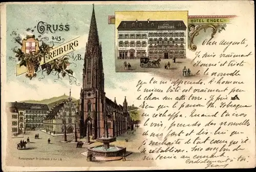 Litho Freiburg im Breisgau, Münster, Brunnen, Hotel Engel
