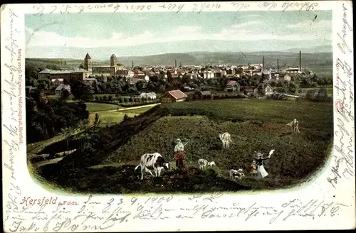 Ak Bad Hersfeld Hessen, Gesamtansicht, Bauern auf dem Feld