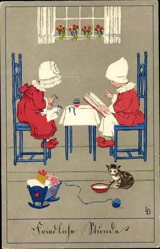 Künstler Ak Döring, Lia, Kinder sticken und lesen in der Stube, Puppe, Katze
