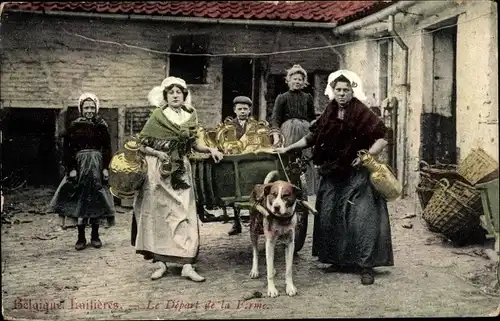 Ak Belgien, Laitieres, Le Depart de la Ferme, Milchmädchen, Hundekarren