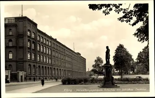 Ak Elbląg Elbing Westpreußen, Verwaltungsgebäude Schichau mit Schichaudenkmal