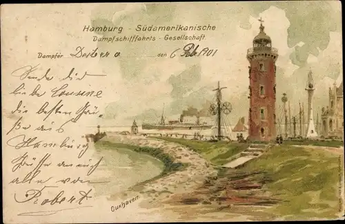 Litho Nordseebad Cuxhaven, Leuchtturm, Dampfer HAPAG