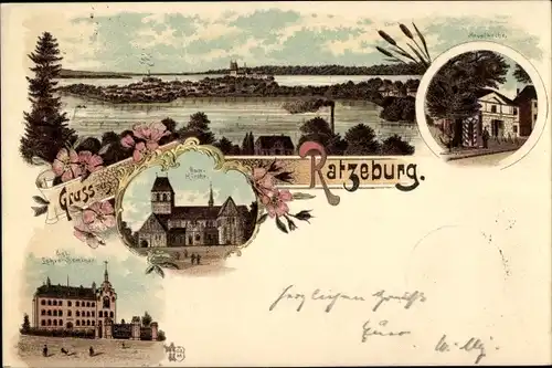 Litho Ratzeburg in Schleswig Holstein, Domkirche, Lehrer Seminar, Hauptwache, Panorama vom Ort