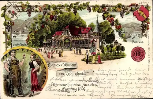 Wappen Litho Hamburg Mitte Altstadt, Gartenbauausstellung 1897, Deutsches Weinhaus Weinschmidt