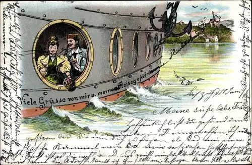 Litho Menschen an Bord eines Dampfers, Anker, Möwe