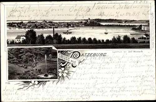 Litho Ratzeburg in Schleswig Holstein, Totalansicht vom Ort, Fontäne