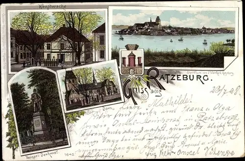 Litho Ratzeburg im Herzogtum Lauenburg, Stadtpanorama, Hauptwache, Dom, Kaiser Denkmal