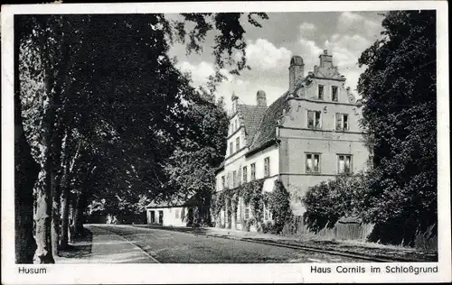 Ak Husum Nordfriesland, Haus Cornils im Schloßgrund mit Straßenpartie