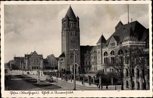 Ak Poznań Posen, Schloss, Universität, Straßenbahn