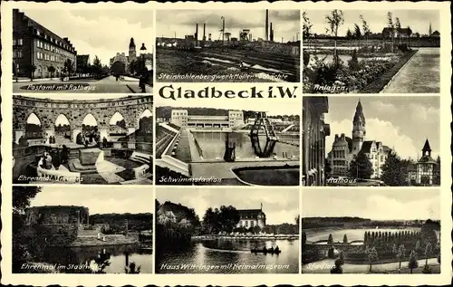 Ak Gladbeck im Ruhrgebiet, Postamt, Steinkohlebergwerk, Schwimmstadion, Haus Wittringen, Stadion