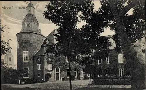 Ak Alsdorf Nordrhein Westfalen, Teilansicht der Burg mit Turm