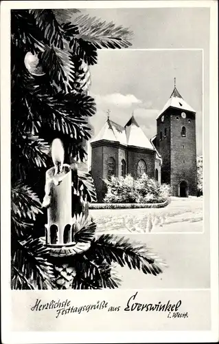 Ak Everswinkel in Nordrhein Westfalen, Kirche im Winter, Kerze, Festtagsgrüße