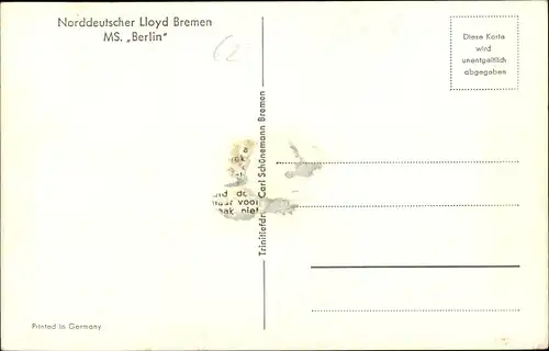 Künstler Ak Dampfer MS Berlin, Norddeutscher Lloyd Bremen, Passagierschiff