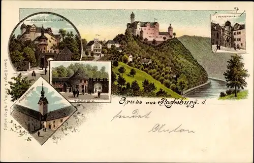 Litho Rochsburg Lunzenau in Sachsen, Thorhaus, Schloss, Pulverturm, Treppenhaus