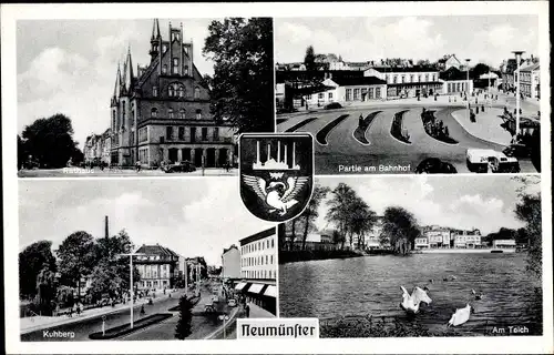 Ak Neumünster in Schleswig Holstein, Rathaus, Kuhberg, Partie am Bahnhof, Teich, Schwan, Wappen