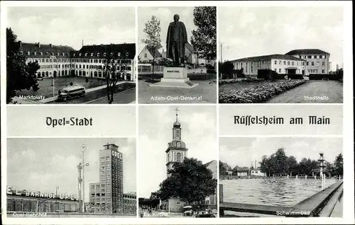 Ak Rüsselsheim in Hessen, Marktplatz, Adam Opel Denkmal, Stadthalle, Bahnhof, Ev. Kirche, Schwimmbad