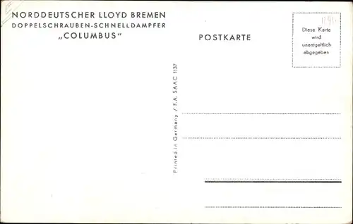 Ak Doppelschraubenschnelldampfer Columbus, Norddeutscher Lloyd Bremen