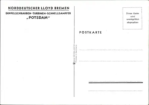 Künstler Ak Schmidt, R., Doppelschrauben Turbinen Schnelldampfer Potsdam, Norddeutscher Lloyd