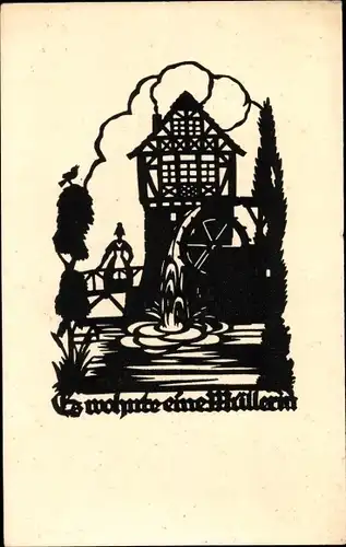 Scherenschnitt Ak Schwindt, A. M., Es wohnte eine Müllerin, Wassermühle