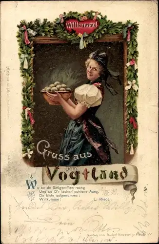 Ak Tracht aus dem Vogtland, Willkumme, Frau mit Klößen