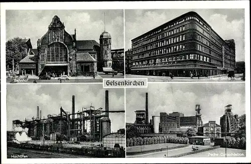 Ak Gelsenkirchen im Ruhrgebiet, Bahnhof, Hans Sachs Haus, Zeche Consolidation, Hochöfen