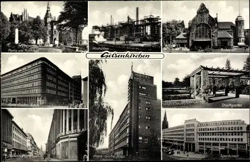 Ak Gelsenkirchen, Stadtgarten, Bahnhof, Sparkasse, Rathaus, Hans Sachs Haus, Hochöfen, Kaufhaus