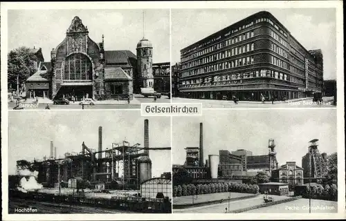 Ak Gelsenkirchen im Ruhrgebiet, Bahnhof, Hans Sachs Haus, Zeche Consolidation, Hochöfen