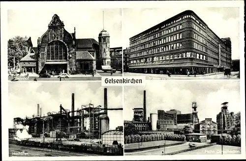 Ak Gelsenkirchen im Ruhrgebiet, Bahnhof, Hans Sachs Haus, Zeche Consolidation, Hochöfen